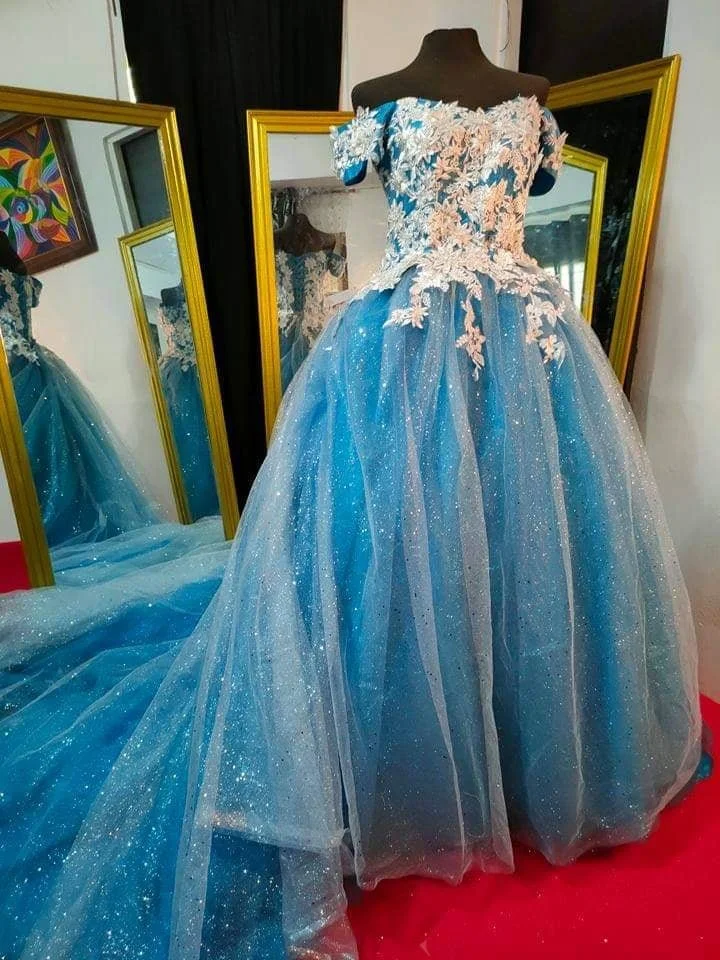 Order 290 Blue Cinderella Wedding Dress With removable Ceremony